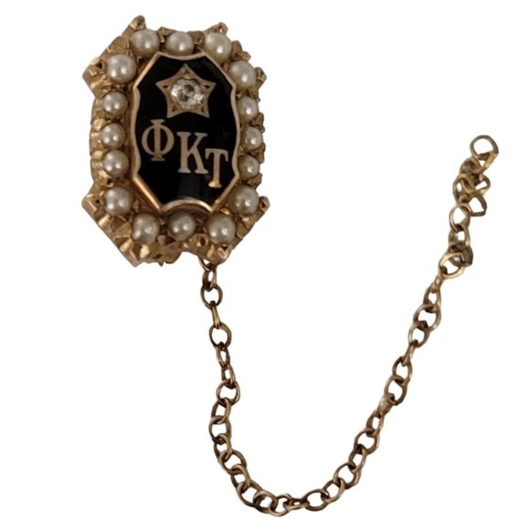 10K Yellow Gold Phi Kappa Tau Diamond Seed Pearl Lapel Pin Brooch E48 - Picture 3 of 10